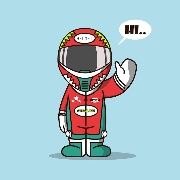 Leuke racer met helm zei hallo vectorillustratie.