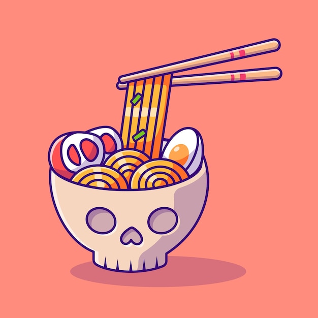 Vector leuke ramen noodle in skull bowl cartoon vector icon illustratie. voedsel vakantie pictogram concept geïsoleerd