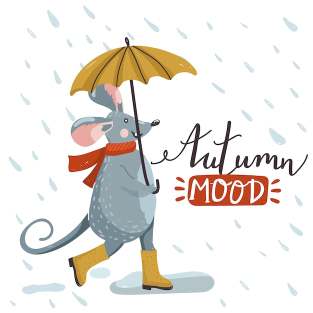 Vector leuke rat die in de regen met paraplu loopt.