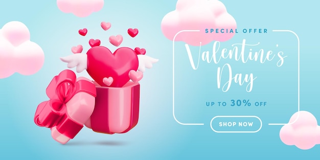 Leuke realistische D valentines day sale banner concept vector open geschenkdoos met vliegend glanzend hart