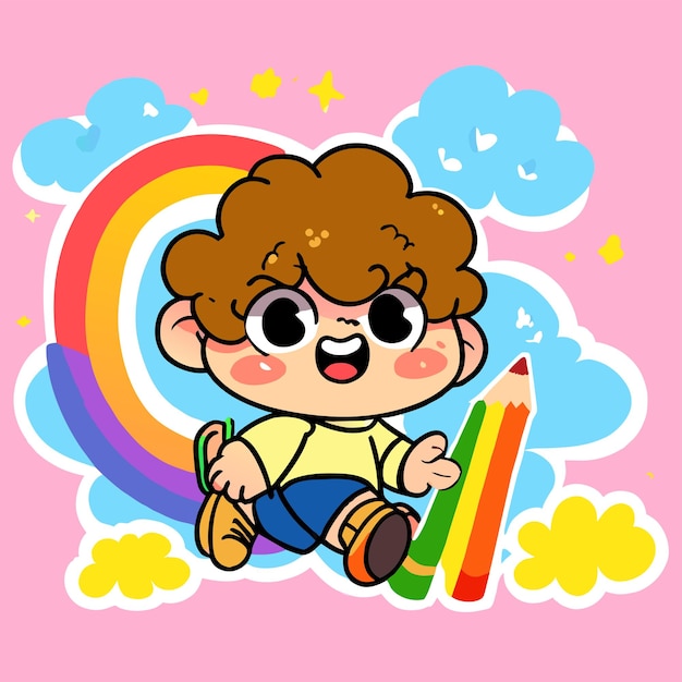 Leuke regenboog jongen die plezier heeft met de hand getekend platte stijlvolle mascotte cartoon personage tekening sticker