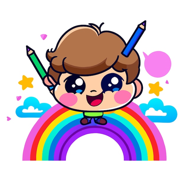 Leuke regenboog jongen die plezier heeft met de hand getekend platte stijlvolle mascotte cartoon personage tekening sticker