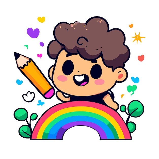 Leuke regenboog jongen die plezier heeft met de hand getekend platte stijlvolle mascotte cartoon personage tekening sticker