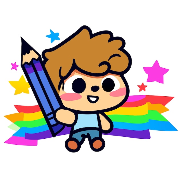 Leuke regenboog jongen die plezier heeft met de hand getekend platte stijlvolle mascotte cartoon personage tekening sticker