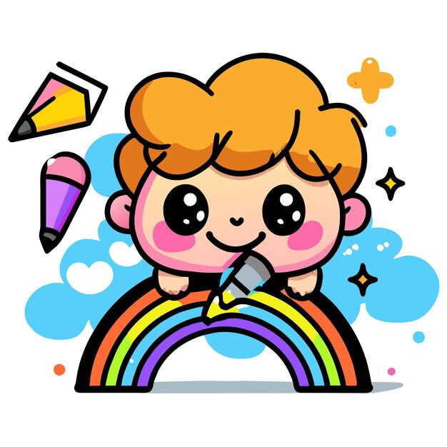 Leuke regenboog jongen die plezier heeft met de hand getekend platte stijlvolle mascotte cartoon personage tekening sticker