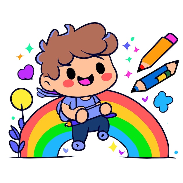 Leuke regenboog jongen die plezier heeft met de hand getekend platte stijlvolle mascotte cartoon personage tekening sticker