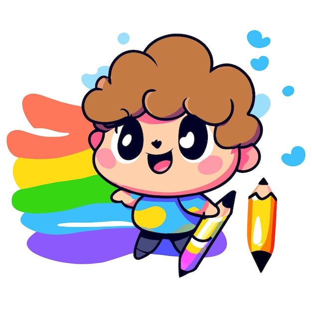 Leuke regenboog jongen die plezier heeft met de hand getekend platte stijlvolle mascotte cartoon personage tekening sticker