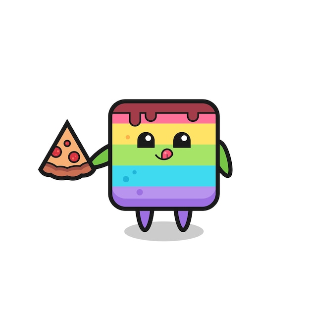 Leuke regenboogcake cartoon die pizza eet, schattig stijlontwerp voor t-shirt sticker logo-element