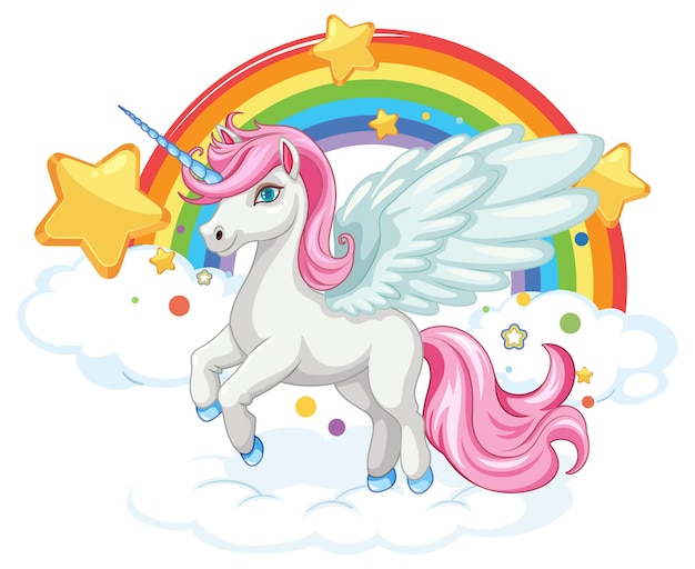 Leuke regenboogcartoon met vliegende eenhoorn