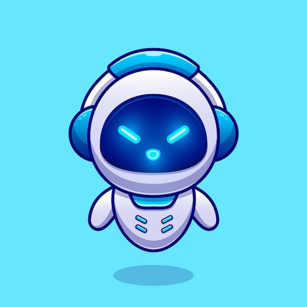 Leuke Robot die hoofdtelefoon Cartoon vectorillustratie pictogram draagt. Technologie wetenschap pictogram Concept geïsoleerd Premium Vector. Platte cartoonstijl