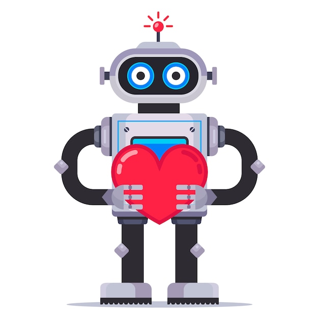 Leuke robot heeft een hart. mechanisme in liefde. Vlakke karakter illustratie.