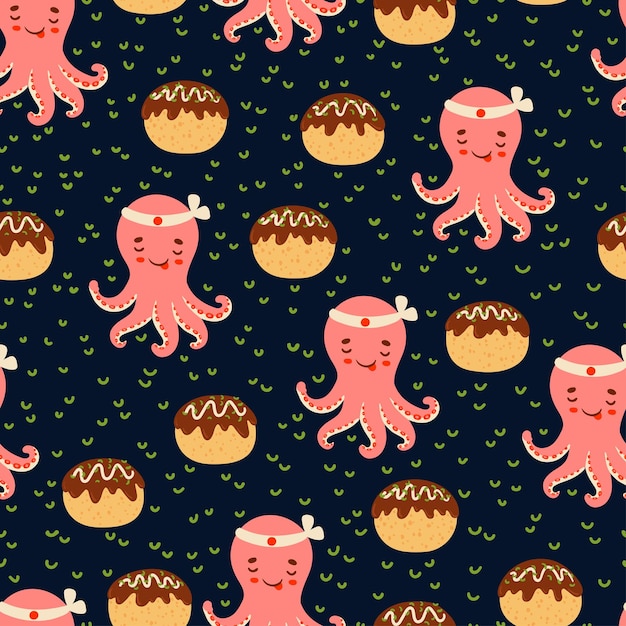 Vector leuke rode aziatische octopus en takoyaki ballen aziatisch eten vector naadloze patroon japanse snack textuur