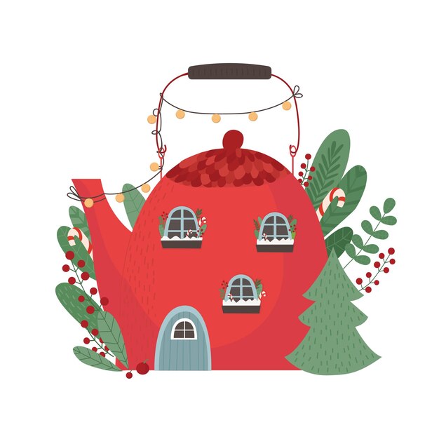 Vector leuke rode fantasie theepot huis winter schattige kaart