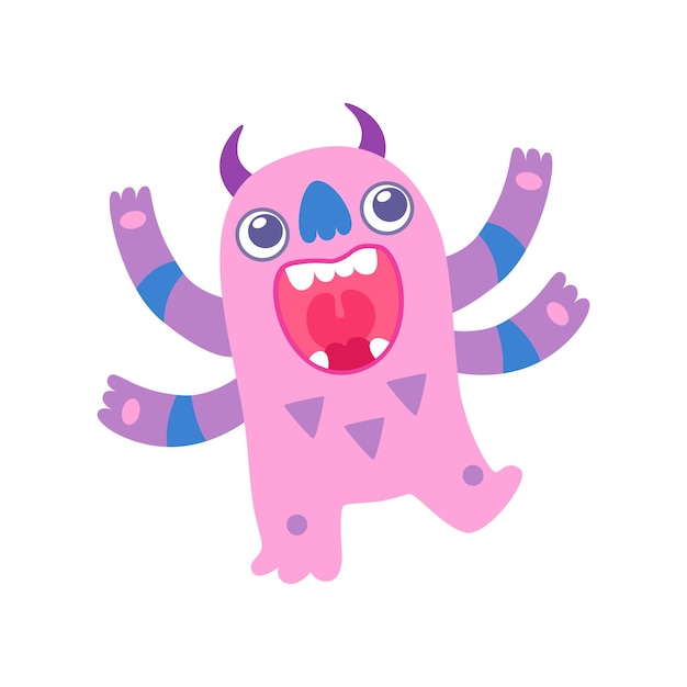 Vector leuke roze tanden monster met grote mond grappige buitenaardse cartoon personage fantastische schepsel vector illustratie op witte achtergrond