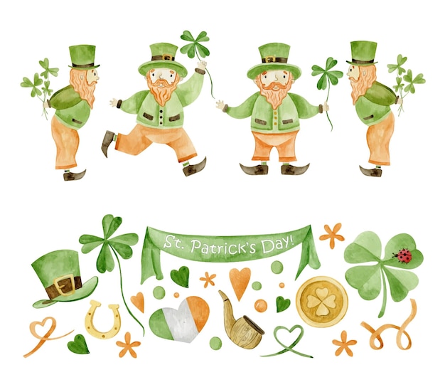 Leuke saint patriks day aquarel illustratie collectie. instellen voor ansichtkaart, uitnodiging, posters.