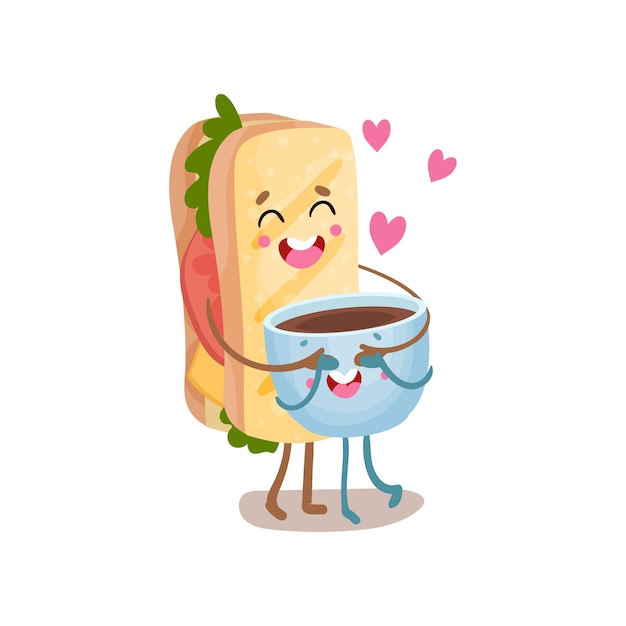 Vector leuke sandwich en kopje koffie tekens zijn beste vrienden, grappige fastfood menu vector illustratie geïsoleerd op een witte achtergrond