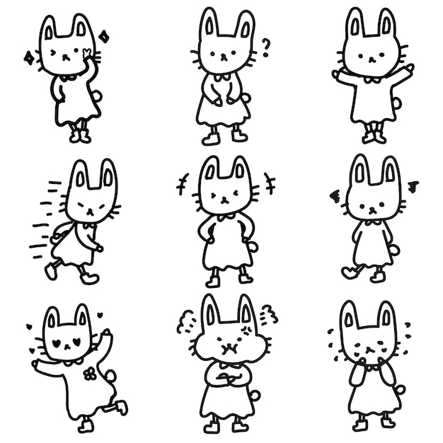Leuke schattige expressieve konijn mascotte emoticon doodle