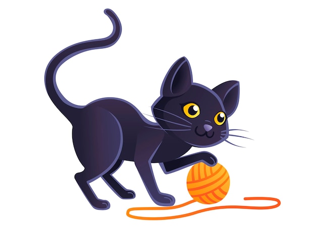 Leuke schattige zwarte kat spelen met oranje bal van wol cartoon dierlijk ontwerp platte vectorillustratie op witte achtergrond.