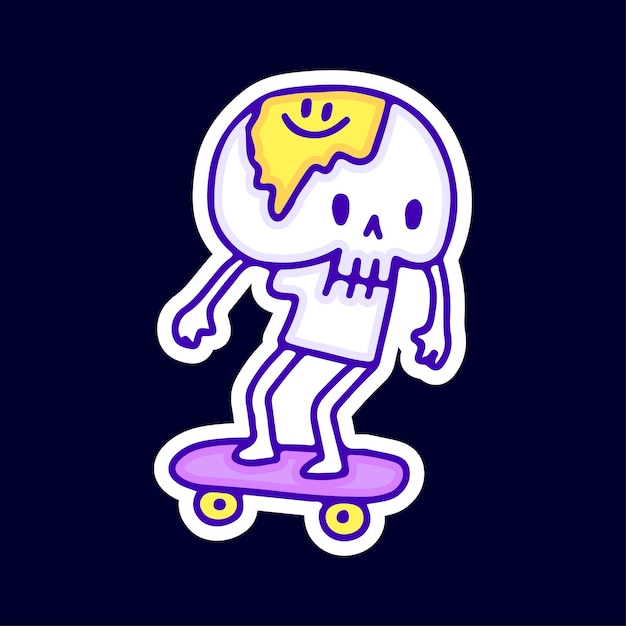 Leuke schedel met gesmolten emoji gezicht rijden skateboard illustratie. Kunstwerk voor straatkleding, t-shirt.