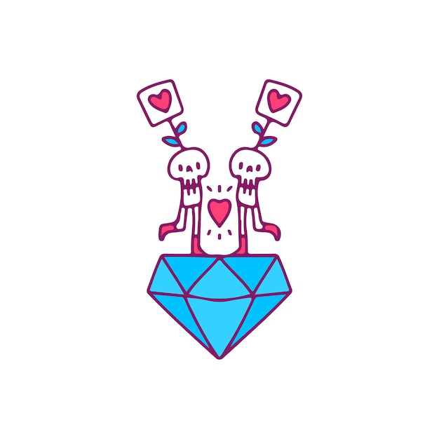 Leuke schedels met liefdesteken dat zich op grote diamant bevindt, illustratie voor t-shirt, sticker.