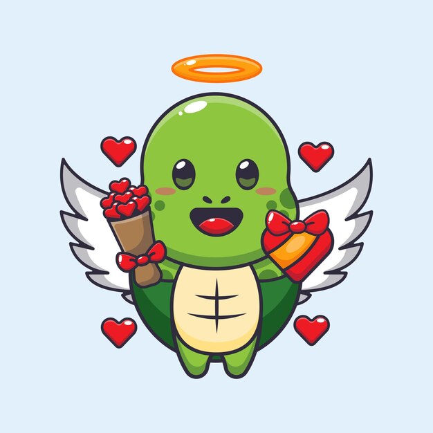 Vector leuke schildpad cupido cartoon personage met liefdesgeschenk en liefdesboeket