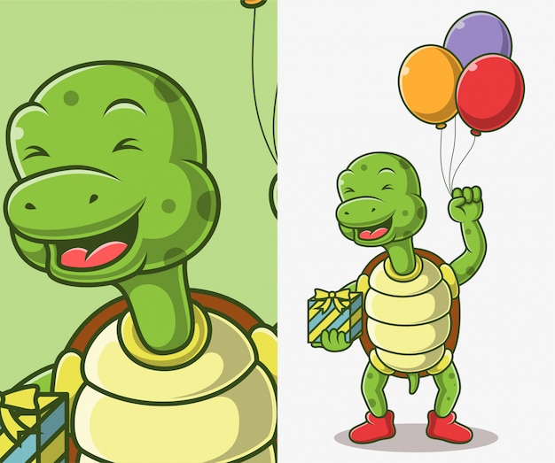 Vector leuke schildpad die een ballonillustratie houdt.