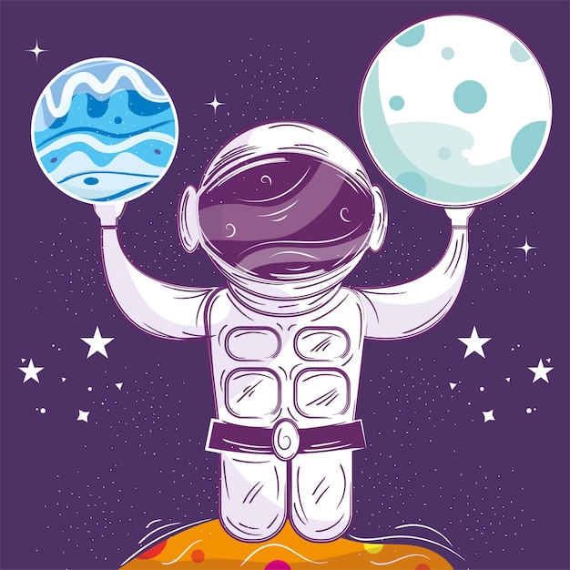 Leuke schoolbordschets van een astronaut die met planeten speelt. Vectorillustratie