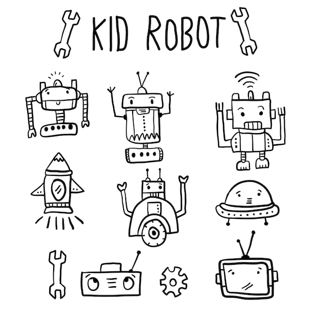 Leuke set collectie met kinderachtige robot en verschillende items grappige tekening