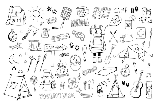 Leuke set kampeer- en wandelelementen in doodle stijl Picknick reisaccessoires en uitrusting