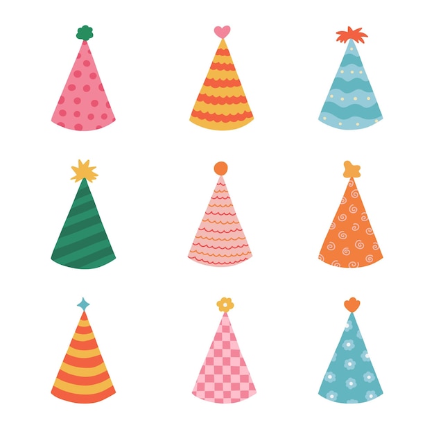 Leuke set met eenvoudige verjaardagsfeestmuts in felle kleur met pompon erboven Feestkegel en kerstmuts met schattige decoratie Handgetekende vector kleurrijke doodle geïsoleerd op witte achtergrond