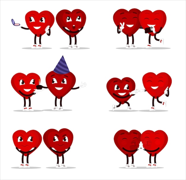 Leuke set van vakantie Valentijnsdag grappige stripfiguur van emoji harten liefde rood hart paar