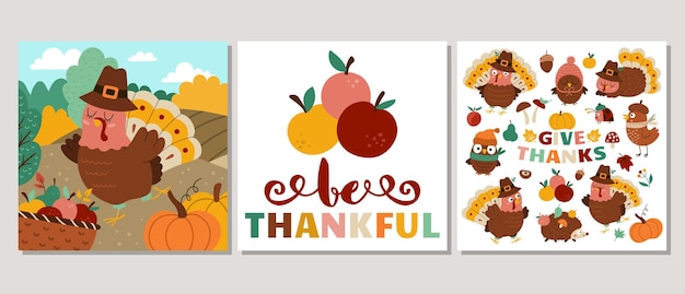 Leuke set vierkante thanksgiving-kaarten met kalkoen bosdieren oogst vector herfstvakantie afdruksjablonen met schattige landelijke scène val ontwerp voor tags ansichtkaarten uitnodigingen adsxa