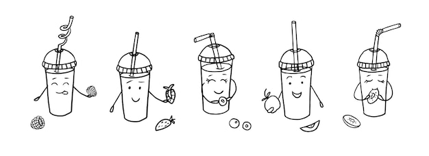 Vector leuke set zomerdranken met gelukkige gezichten doodle stijl collectie cocktails smoothies sap