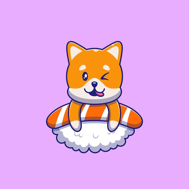 Leuke shiba inu-hond die bovenop sushiillustratie knipogen. kat mascotte stripfiguren dieren pictogram concept geïsoleerd.