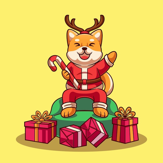 Leuke Shiba Inu Kerstman op Gift Bag Cartoon afbeelding. Shiba Inu Kerstconcept