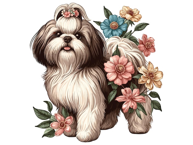 Leuke shih tzu hond en zonnebloemen cartoon vector style witte achtergrond
