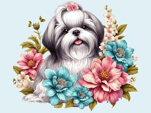 Vector leuke shih tzu hond en zonnebloemen cartoon vector style witte achtergrond