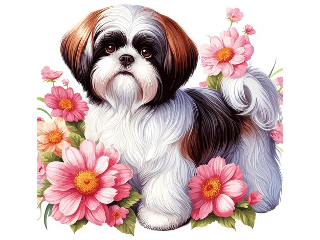 Leuke Shih Tzu hond en zonnebloemen cartoon Vector Style witte achtergrond