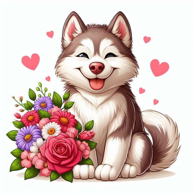 Leuke Siberische Husky Hond en Bloemen Vector Cartoon illustratie