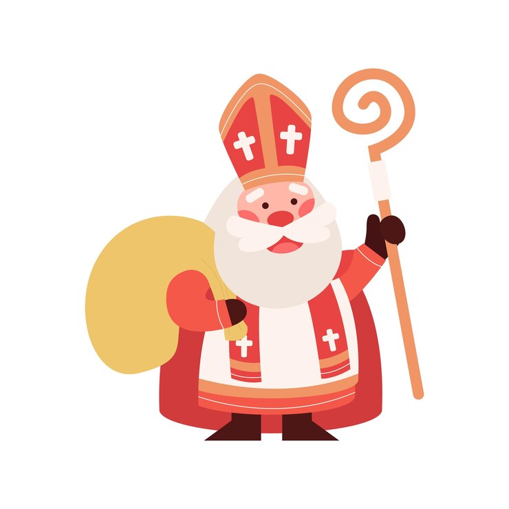 Vector leuke sinterklaas of sinterklaas met zak met cadeautjes en personeel. fijne sinterklaasdag. oude man