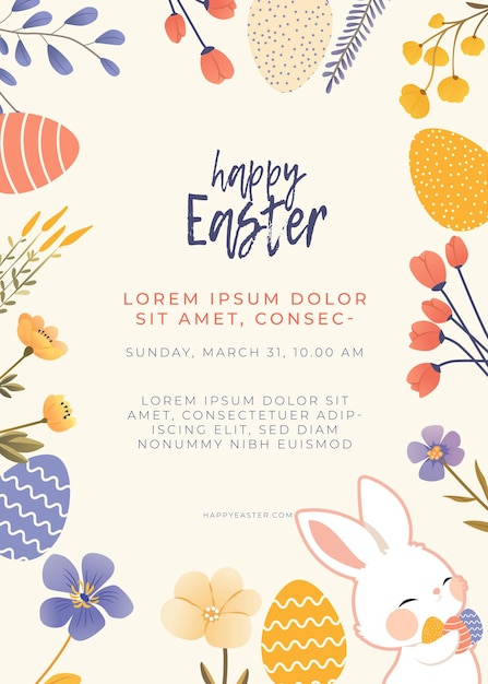 Vector leuke sjabloon met leuke paaskonijn eieren voorjaarsbloemen en trendy typografie ontwerp