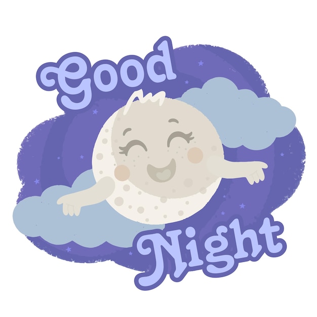 Leuke slapende maansikkel aan de nachtelijke hemel met inscriptie welterusten