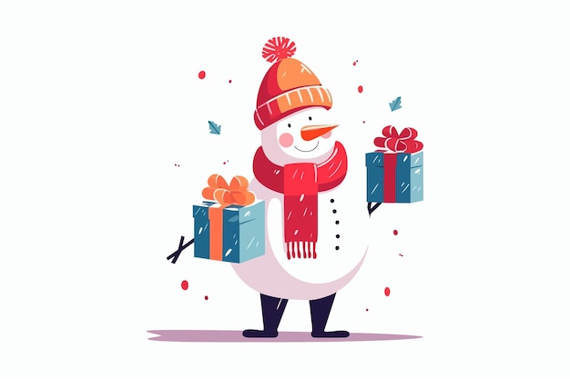 Leuke sneeuwpop aanwezig kerstcadeau Geïsoleerd op witte achtergrond Cartoon vectorillustratie