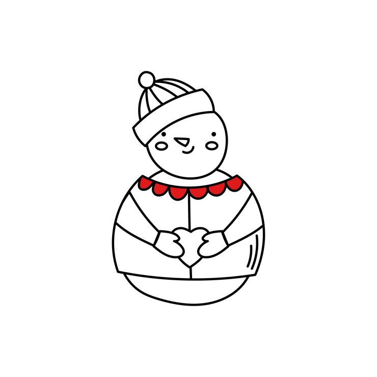 Vector leuke sneeuwpop houdt een hart in zijn handen sneeuwpop doodle tekening kerst vectorillustratie
