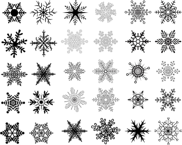 Leuke sneeuwvlokkeninzameling die op witte achtergrond wordt geïsoleerd. Platte sneeuw pictogrammen