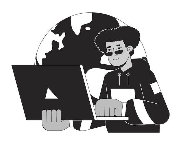 Leuke Spaanse man in zonnebril bw concept ter plaatse vectorillustratie Wereldwijd netwerk Freelancer 2D cartoon platte lijn monochromatisch karakter voor web UI-ontwerp Bewerkbare geïsoleerde schets held afbeelding