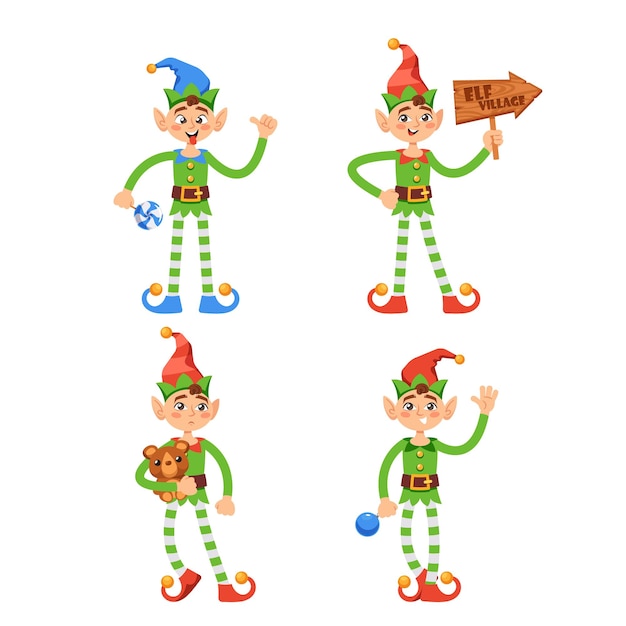 Vector leuke speelse kerstelf met kinderen speelgoed lolly snuisterij en houten aanwijzer kerstman helper in groen kostuum gelukkig nieuwjaar en vrolijk kerstfeest geïsoleerd personage cartoon vectorillustratie