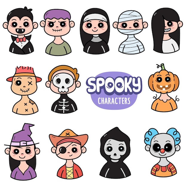 Leuke spookachtige spookkarakters kleurrijke vector grafische elementen en doodle illustraties