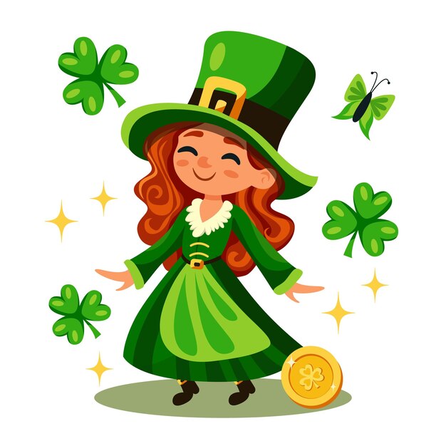 Leuke St. Patrick's Day leprechaun meisje cartoon personage glimlachend met munt en gelukkige klaverblad