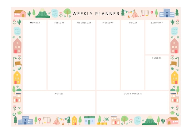 Vector leuke stad weekplanner sjabloon